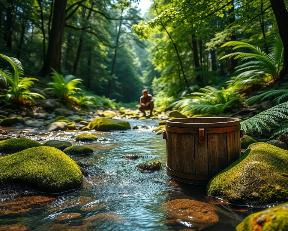 A lush forest clearing, dappled with sunlight filtering through the canopy. In the foreground, a rustic wooden container collects clear, pristine water from a gently flowing stream. Mossy rocks and vibrant green ferns line the banks, creating a serene and tranquil atmosphere. In the middle ground, a person crouches, examining the water's quality with a keen eye. The background is a dense, verdant wilderness, hinting at the abundance of natural resources available for off-grid water purification. The scene is captured with a sharp, high-detail lens, highlighting the intricate textures and natural colors of the environment.