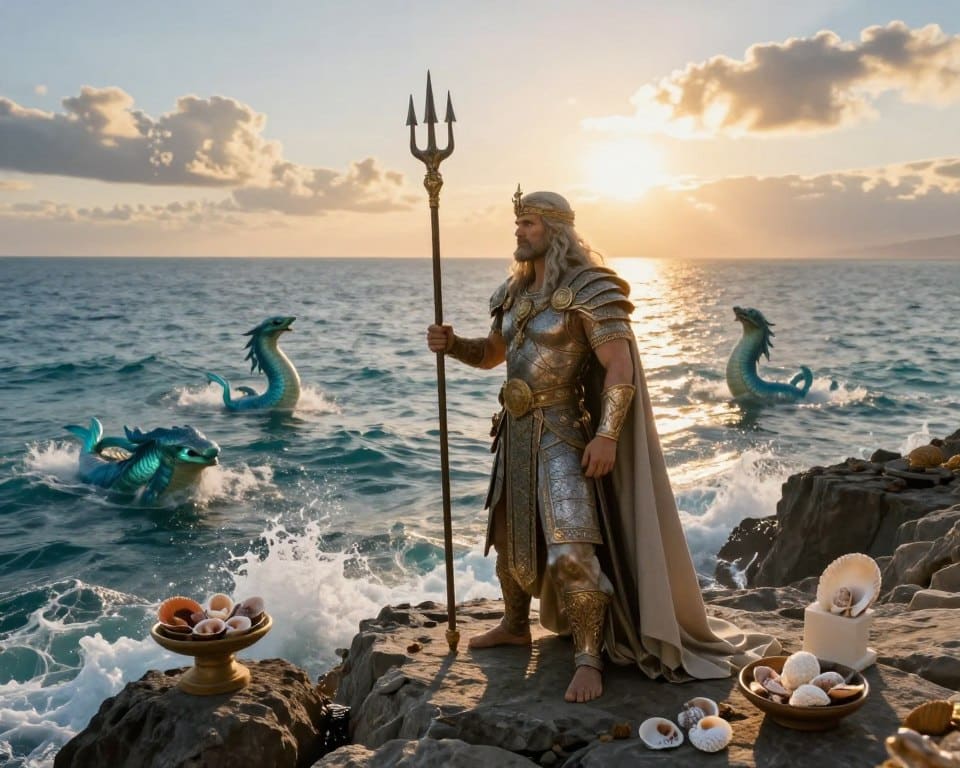 A majestic scene depicting ancient maritime gods, exuding power and reverence for water. In the foreground, a proud figure resembling a Nordic sea god, adorned with intricate armor and holding a trident, stands atop rocky cliffs, waves crashing below. To the sides, elements of rituals, such as offerings of shells and minimalist altars, are placed respectfully on rocky surfaces. The middle ground features a peaceful sea, where mythical creatures, like mermaids and sea serpents, gently move beneath the surface. The background highlights a vibrant sunset, casting warm golden light across the clouds and shimmering on the water, creating a serene atmosphere. The lens captures the details in high definition, enhancing textures and colors while evoking a sense of awe and respect for the ancient belief in the divine connection with the sea.