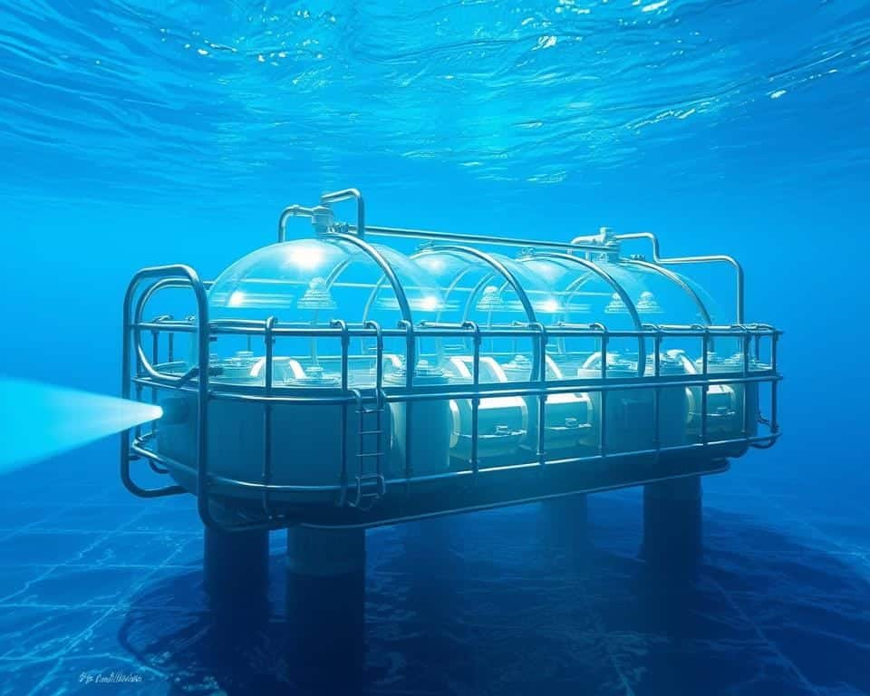 A massive underwater structure, its sleek metallic frame and transparent domes casting a ethereal glow against the deep blue expanse. Powerful hydraulic pistons draw in seawater, pressurized by the immense ocean depths. This innovative ocean-powered desalination system harnesses the natural forces of the sea, efficiently converting brine into fresh water through a series of membrane filters and distillation chambers. The scene is bathed in a soft, ambient light, highlighting the technological marvels hidden beneath the waves, a testament to humanity's ability to harness the power of the oceans for sustainable solutions. A massive underwater structure, its sleek metallic frame and transparent domes casting a ethereal glow against the deep blue expanse. Powerful hydraulic pistons draw in seawater, pressurized by the immense ocean depths. This innovative ocean-powered desalination system harnesses the natural forces of the sea, efficiently converting brine into fresh water through a series of membrane filters and distillation chambers. The scene is bathed in a soft, ambient light, highlighting the technological marvels hidden beneath the waves, a testament to humanity's ability to harness the power of the oceans for sustainable solutions.