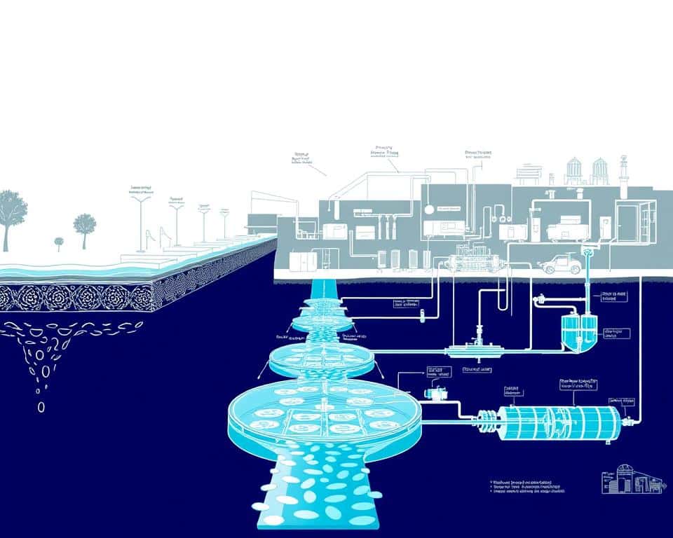 A meticulously detailed diagram of a wastewater treatment process, captured in a technical yet visually engaging manner. The foreground showcases the various stages of the treatment pipeline, from primary sedimentation and biological treatment to secondary clarification and disinfection. The middle ground features intricate illustrations of the mechanical equipment and infrastructure, such as aeration tanks, clarifiers, and UV reactors, all rendered with exceptional precision. The background depicts the interconnected systems and facilities that support the overall wastewater recycling operations, conveying a sense of the comprehensive nature of the process. The image is characterized by a muted color palette, sharp focus, and a clean, technical aesthetic that aligns with the subject matter. A meticulously detailed diagram of a wastewater treatment process, captured in a technical yet visually engaging manner. The foreground showcases the various stages of the treatment pipeline, from primary sedimentation and biological treatment to secondary clarification and disinfection. The middle ground features intricate illustrations of the mechanical equipment and infrastructure, such as aeration tanks, clarifiers, and UV reactors, all rendered with exceptional precision. The background depicts the interconnected systems and facilities that support the overall wastewater recycling operations, conveying a sense of the comprehensive nature of the process. The image is characterized by a muted color palette, sharp focus, and a clean, technical aesthetic that aligns with the subject matter.