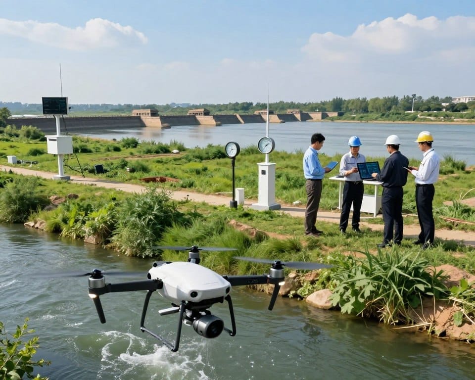 A modern river basin monitoring technology scene, showcasing advanced sensors and drones weaving through a lush green landscape. In the foreground, a sleek drone equipped with monitoring devices hovers above flowing water, sending real-time data. The middle layer features engineers in professional attire, analyzing data on handheld screens with a backdrop of sensor stations and water flow gauges. The background displays a sprawling river basin, dotted with ancient flood control structures harmoniously integrated into the modern environment, under a bright blue sky with soft, natural lighting. The overall mood is one of innovation and sustainability, blending ancient wisdom with cutting-edge technology, captured in sharp focus and natural colors.