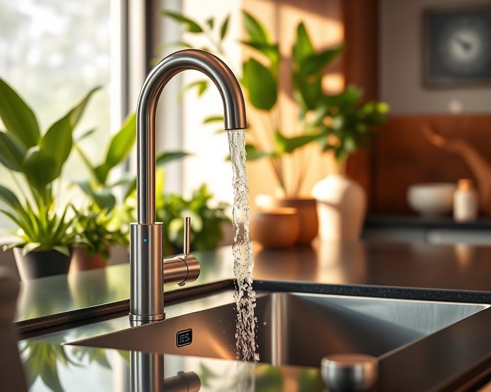 A modern, sleek kitchen sink with a high-tech smart faucet. The faucet features a digital display showing water usage in real-time, with intuitive touch controls to adjust the flow and temperature. Warm, diffuse lighting illuminates the scene, highlighting the faucet's clean lines and metallic finish. In the background, lush green plants and natural wood accents create a serene, eco-friendly atmosphere. The image conveys a sense of efficient, sustainable water management in a beautiful, high-end kitchen setting.