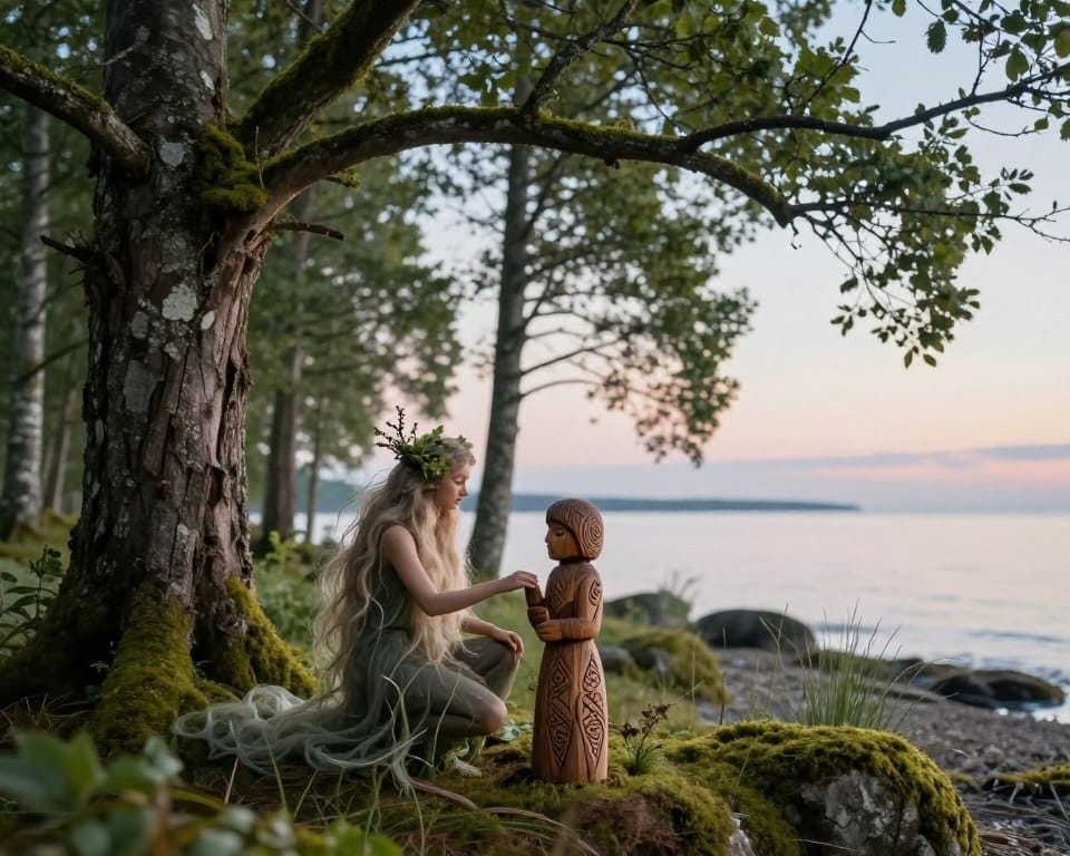 A mystical scene depicting Baltic creatures from folklore, emphasizing neutral spirits and household helpers. In the foreground, a gentle water spirit with flowing hair, adorned with aquatic plants, gracefully interacts with a wooden household helper figure, carved with intricate patterns. The middle ground features a serene forest with towering ancient trees, their branches heavy with moss. A faint, ethereal light filters through the foliage, creating a tranquil atmosphere. In the background, the calm waters of a Baltic sea reflect soft pastel hues of dawn, suggesting a connection to nature. The image is bathed in natural colors, emphasizing harmony and peace, with sharp focus on the creatures and a dreamy bokeh effect surrounding them.