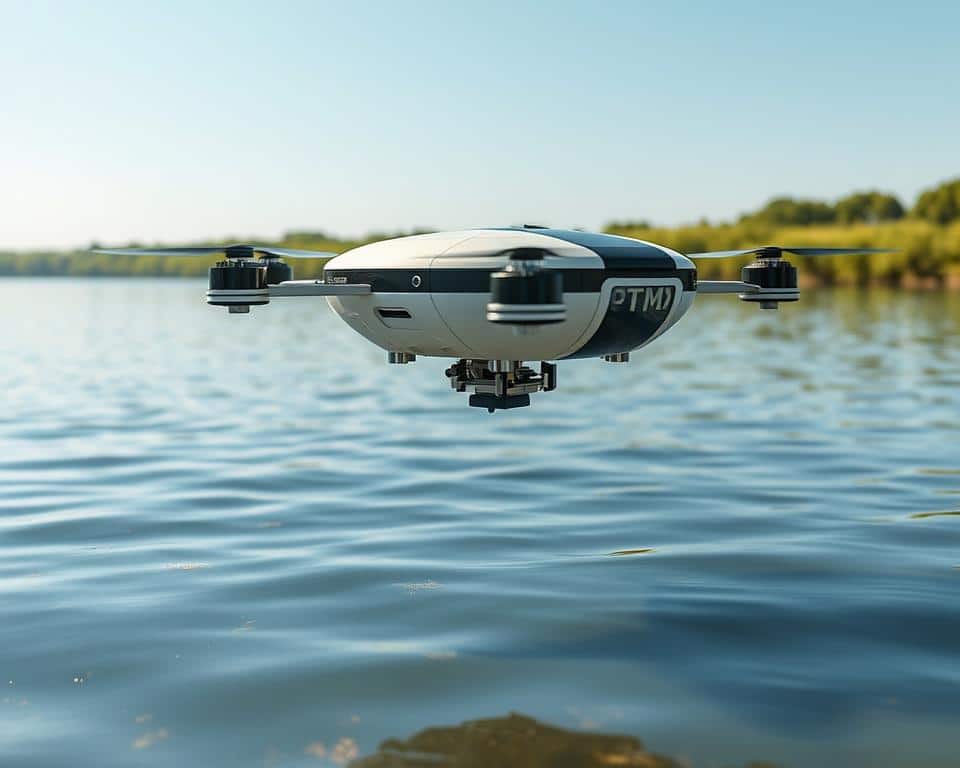 A robotic aquatic monitoring system hovers over a calm lake, meticulously scanning the water's surface for signs of harmful algal blooms. The robot's sleek, streamlined design is accentuated by soft natural lighting, casting subtle shadows on the surrounding environment. In the foreground, the robot's sensors and sampling mechanisms are clearly visible, highlighting the technological sophistication of the device. The middle ground depicts the tranquil lake, with its glistening waters reflecting the blue sky above. In the distance, lush green vegetation lines the shore, creating a serene and idyllic backdrop. The overall atmosphere conveys a sense of scientific investigation and environmental preservation, with the robotic system playing a crucial role in monitoring and detecting potential threats to the aquatic ecosystem.