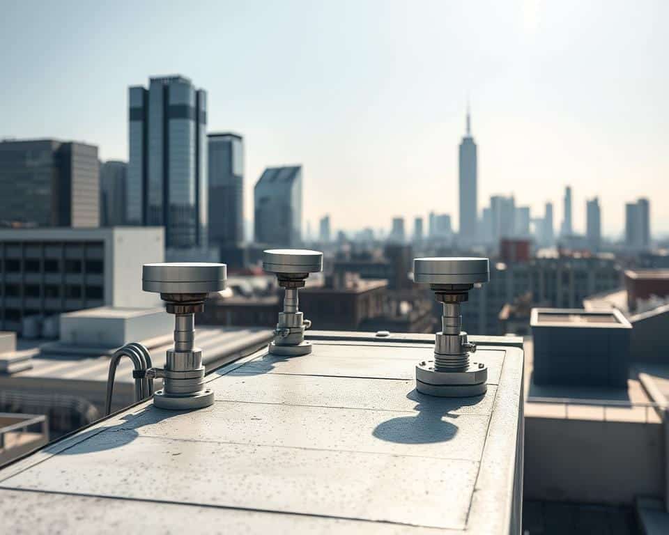 A rooftop scene with precision wireless rain gauges mounted on the edge, capturing precipitation data. The gauges are sleek, modern devices in metallic tones, meticulously arranged to monitor rainfall. Bright sunlight illuminates the scene, casting crisp shadows that highlight the gauges' technical features. In the background, a cityscape of skyscrapers and rooftops extends, emphasizing the role of these smart sensors in optimizing urban water management. The overall atmosphere is one of technological innovation solving environmental challenges, with a focus on the rooftop precipitation monitoring system. A rooftop scene with precision wireless rain gauges mounted on the edge, capturing precipitation data. The gauges are sleek, modern devices in metallic tones, meticulously arranged to monitor rainfall. Bright sunlight illuminates the scene, casting crisp shadows that highlight the gauges' technical features. In the background, a cityscape of skyscrapers and rooftops extends, emphasizing the role of these smart sensors in optimizing urban water management. The overall atmosphere is one of technological innovation solving environmental challenges, with a focus on the rooftop precipitation monitoring system.