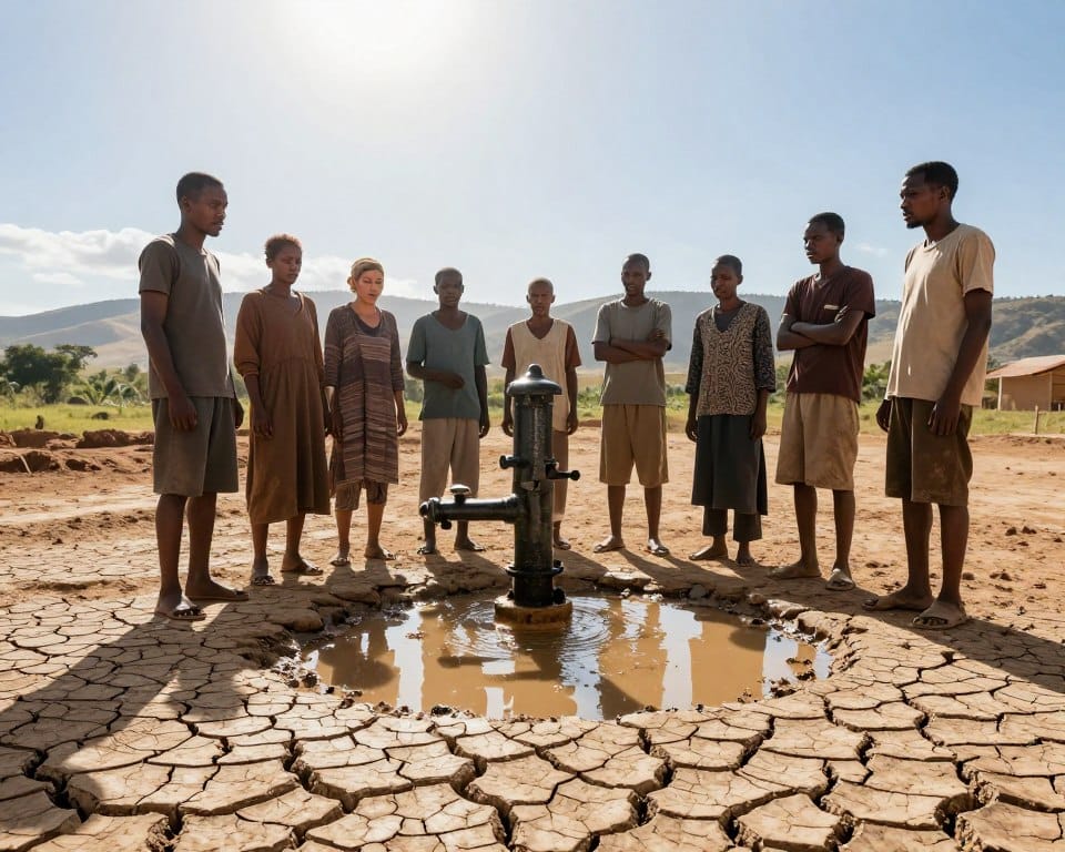 A rural landscape illustrating the challenges of water access, featuring a parched, cracked earth foreground with a shallow, muddy puddle reflecting the sun's glare. In the middle ground, a group of villagers in modest casual clothing is gathered around a broken water pump, showing expressions of concern and frustration. Their diverse backgrounds highlight a community united by a common struggle. The background reveals distant hills bathed in warm sunlight under a blue sky, contrasting with the immediate hardships. The scene should have natural, warm colors with sharp focus on the subjects and surroundings, creating a stark yet hopeful atmosphere, as if innovation is just around the corner. The image should evoke empathy and awareness of rural water access challenges.