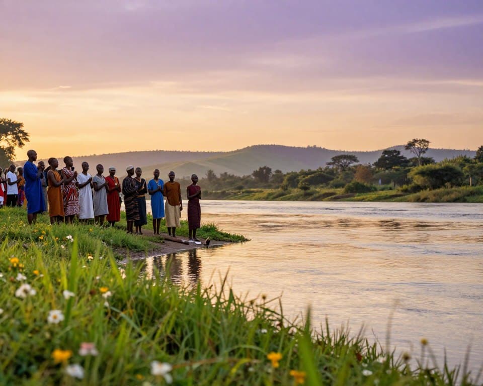 A serene African riverbank during twilight, showcasing the sacred waters that hold cultural significance. In the foreground, vibrant local flora, including lush green grasses and delicate flowers, frame the tranquil river. In the middle ground, a group of community members in modest, traditional clothing gathers near the water's edge, engaged in a ceremonial ritual, their expressions reflecting reverence. The background features gently rolling hills under a sky alive with soft oranges and purples as the sun sets, casting warm, golden light across the scene. The atmosphere is harmonious and sacred, evoking a sense of peace and connection to nature. The image is to be captured with a shallow depth of field to focus on the participants while softly blurring the distant landscape, enhancing the emotional depth of the moment. A serene African riverbank during twilight, showcasing the sacred waters that hold cultural significance. In the foreground, vibrant local flora, including lush green grasses and delicate flowers, frame the tranquil river. In the middle ground, a group of community members in modest, traditional clothing gathers near the water's edge, engaged in a ceremonial ritual, their expressions reflecting reverence. The background features gently rolling hills under a sky alive with soft oranges and purples as the sun sets, casting warm, golden light across the scene. The atmosphere is harmonious and sacred, evoking a sense of peace and connection to nature. The image is to be captured with a shallow depth of field to focus on the participants while softly blurring the distant landscape, enhancing the emotional depth of the moment.