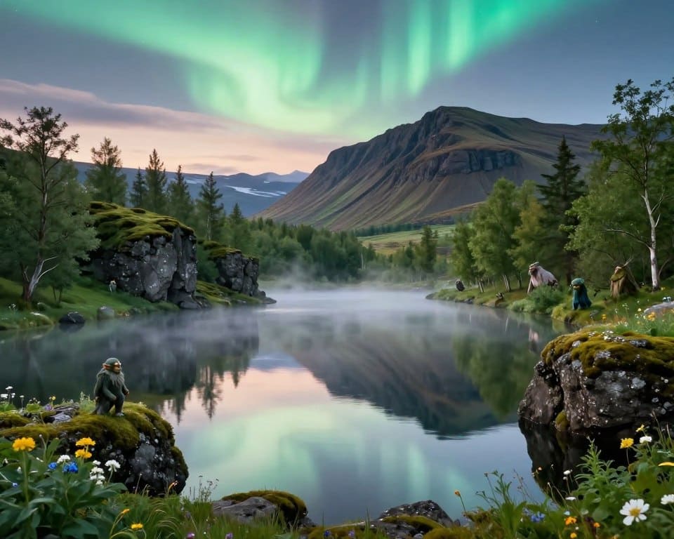 A serene Icelandic lake surrounded by lush greenery, reflecting the vibrant colors of the northern lights above. In the foreground, a gentle mist rises from the water, creating an air of mystery. Elusive figures resembling elves and ogres peek from behind rocky outcrops, adding a sense of enchantment to the scene. The middle ground features small, rugged cliffs adorned with moss and wildflowers, while ancient trees frame the lake's edges. In the background, majestic mountains rise under a twilight sky, casting shadows and enhancing the magical atmosphere. Soft, ethereal lighting illuminates the lake with a calm glow, inviting wonder and exploration. The image captures the essence of Iceland’s folklore, evoking legends of hidden treasures and divine spirits.