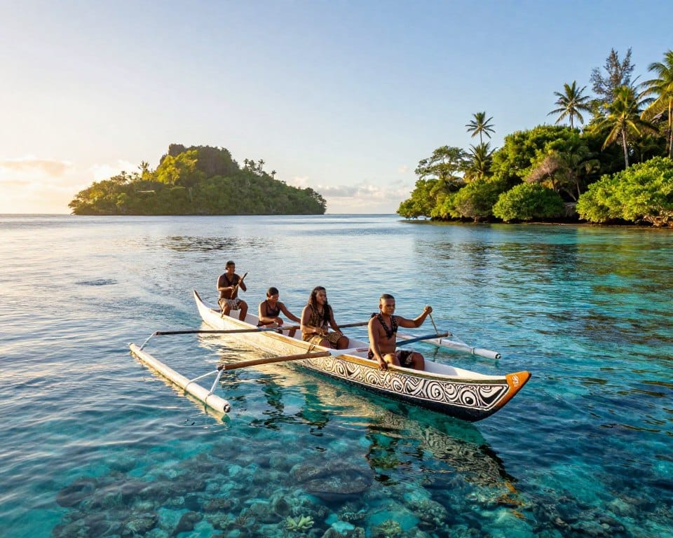 A serene Torres Strait Islander navigation scene showcasing a traditional canoe gliding over crystal-clear waters, surrounded by vibrant coral reefs. In the foreground, the canoe is adorned with intricate Indigenous artwork, manned by skilled navigators in modest traditional dress, skillfully using natural elements to guide their journey. The middle ground features lush tropical islands with dense foliage, complementing the water. In the background, a breathtaking horizon with warm, golden sunlight casting a tranquil glow across the sea, reflecting rich blues and greens. The atmosphere is peaceful, conveying a deep connection to water as a vital life source, evoking feelings of harmony and cultural heritage. High detail, sharp focus, and natural colors enhance the richness of this majestic marine landscape.