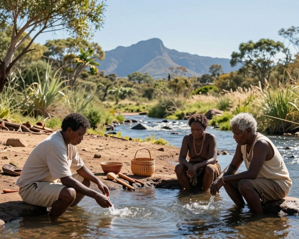 A serene landscape depicting Indigenous Australians engaging with water in a culturally significant way. In the foreground, a group of three individuals dressed in modest casual clothing, representing diverse ages, gather around a small flowing river, their expressions reflecting reverence and connection to the land. In the middle ground, traditional artifacts such as woven baskets and hand-carved tools lie on the bank, illustrating the importance of water in cultural practices. The background features lush vegetation and the silhouette of distant mountains under a clear blue sky, with soft sunlight filtering through the leaves, creating a warm and inviting atmosphere. The composition aims to convey harmony, respect for nature, and the importance of water in sustaining life and culture. High detail and sharp focus, natural colors throughout the scene enhance the emotional depth.