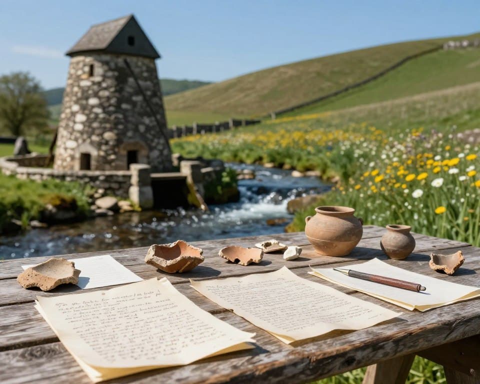 A serene landscape showcasing evidence of medieval watermills, with a focus on the foreground featuring remnants of an old, stone watermill structure partially submerged in a babbling stream. In the middle ground, a collection of handwritten documents and archaeological artifacts, like pottery shards and tools, neatly arranged on a rough wooden table, illustrating historical research. The background reveals a gently sloping hill adorned with wildflowers, under a clear blue sky, with soft sunlight casting natural shadows. Use a shallow depth of field to emphasize the artifacts while keeping the background slightly blurred. Create an atmosphere of tranquility and scholarly exploration, with vibrant natural colors and sharp detail capturing the essence of a bygone era.