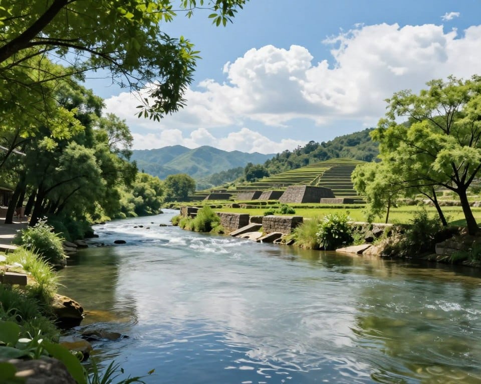 A serene river flows through an ancient Asian landscape, surrounded by lush greenery and terraced fields that hint at historical flood control systems. In the foreground, the clear water reflects soft, dappled sunlight filtering through a canopy of trees, accentuating the vibrant colors of nature. In the middle distance, remnants of old stone embankments and irrigation channels can be seen, showcasing ingenious engineering from centuries past. The background features gentle hills and a distant mountain range under a bright blue sky with fluffy white clouds. The mood is tranquil yet reverent, emphasizing the harmony between nature and human ingenuity. Captured with a shallow depth of field at an angle to create a sense of depth, the overall image displays high detail, sharp focus, and natural colors to draw in the viewer.