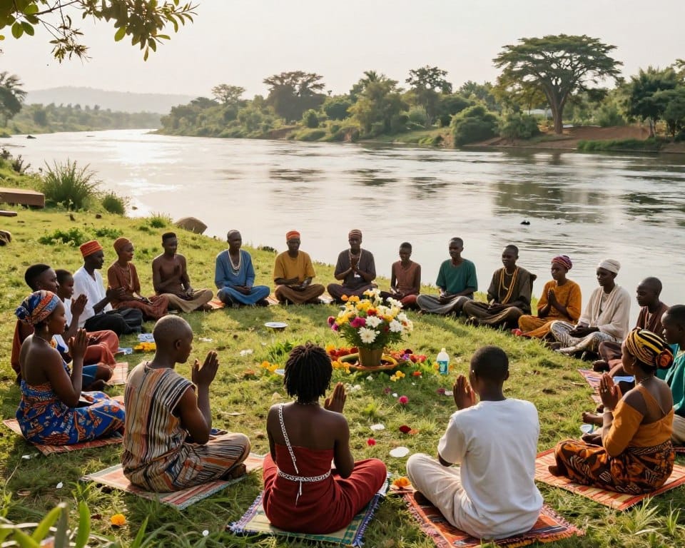 A serene riverside scene depicting a gathering for water worship in an African community. In the foreground, individuals in modest traditional clothing perform rituals by the riverbank, with hands raised in reverence, surrounded by vibrant flowers and lush greenery. In the middle ground, a diverse group of men and women, including elders and children, sit peacefully on colorful mats, participating in a prayer circle, their expressions reflecting devotion and unity. The background features a tranquil river flowing gently under the warm glare of the afternoon sun, with native trees and soft hills framing the scene. The atmosphere is infused with a sense of spirituality and tranquility, enhanced by soft, natural lighting, and a wide-angle view that captures the beauty of nature and cultural practice. A serene riverside scene depicting a gathering for water worship in an African community. In the foreground, individuals in modest traditional clothing perform rituals by the riverbank, with hands raised in reverence, surrounded by vibrant flowers and lush greenery. In the middle ground, a diverse group of men and women, including elders and children, sit peacefully on colorful mats, participating in a prayer circle, their expressions reflecting devotion and unity. The background features a tranquil river flowing gently under the warm glare of the afternoon sun, with native trees and soft hills framing the scene. The atmosphere is infused with a sense of spirituality and tranquility, enhanced by soft, natural lighting, and a wide-angle view that captures the beauty of nature and cultural practice.