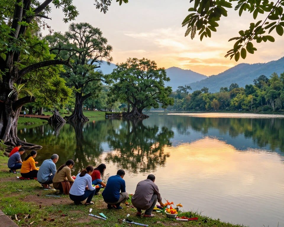 A serene sacred lake surrounded by lush greenery, reflecting the vibrant colors of the sunset. In the foreground, a small group of people, dressed in modest casual clothing, gather near the water's edge, engaged in a respectful ceremony, honoring local legends. Some are laying offerings of flowers on the water, symbolizing their connection to the mythical stories. In the middle ground, ancient trees encircle the lake, their gnarled roots adding a sense of history. The background features distant mountains softly illuminated by the fading light, enhancing the ethereal atmosphere. The scene is bathed in warm, golden light, creating a tranquil and sacred mood. Use a wide-angle lens for depth and sharp focus on details, capturing the harmonious blend of nature and culture.