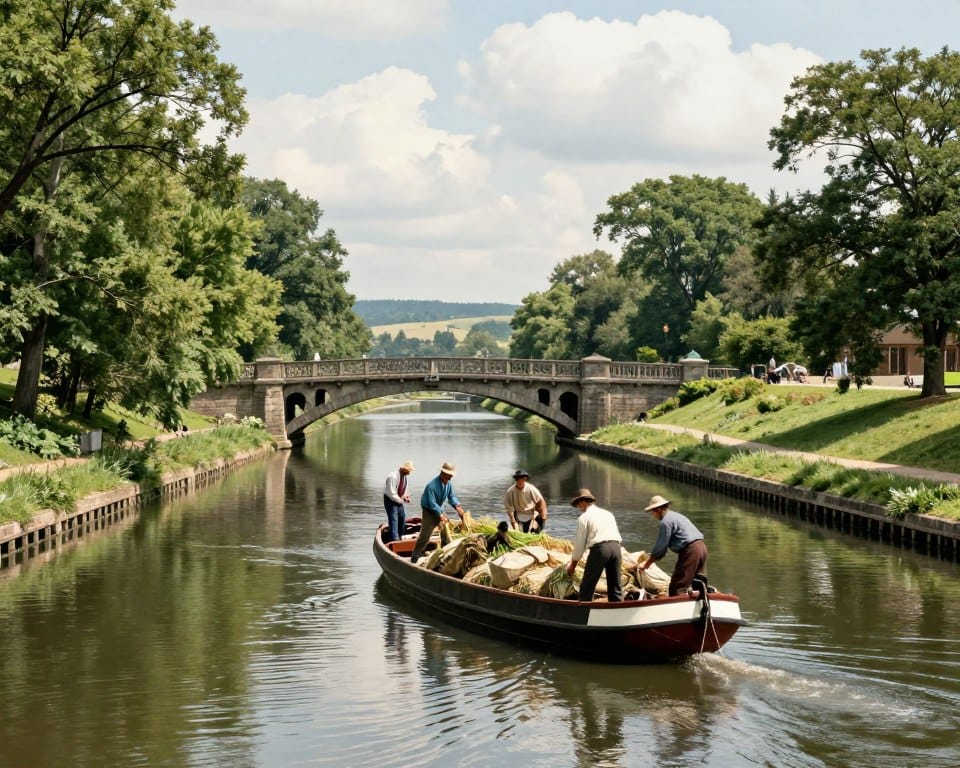 A serene scene of New York's Erie Canal during the 19th century, capturing the essence of transportation and commerce. In the foreground, a group of workers in professional attire attentively manage a canal boat laden with agricultural goods, highlighting the bustling trade. The middle ground features the calm waters of the canal, reflecting the vibrant green trees lining the banks and the historic stone bridges arching elegantly overhead. In the background, a rural landscape unfolds with distant rolling hills beneath a bright, partly cloudy sky, casting soft, dappled sunlight across the scene. The mood is industrious yet peaceful, evoking a sense of progress and community spirit. The composition is shot from a low angle to enhance the grandeur of the canal and its surroundings, using natural colors for a realistic portrayal.