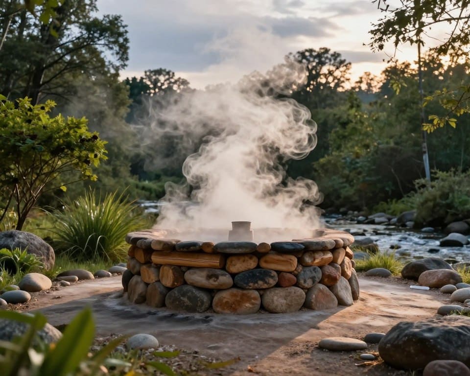 A serene scene of steam rising from a traditional Native American sweat lodge, nestled in a natural setting. In the foreground, wisps of steam swirl gracefully, their translucent forms illuminated by soft, warm light. The middle ground showcases the round, earthy structure of the sweat lodge, constructed from natural materials like wood and stone. Surrounding the lodge, vibrant green foliage and smooth river stones create a tranquil atmosphere. In the background, tall trees frame the scene against a dusky sky, hinting at twilight. The overall mood is peaceful and spiritual, conveying a sense of relaxation and connection to nature. The image should be captured in sharp focus, emphasizing the intricate details of steam, textures of the lodge, and the serene environment.