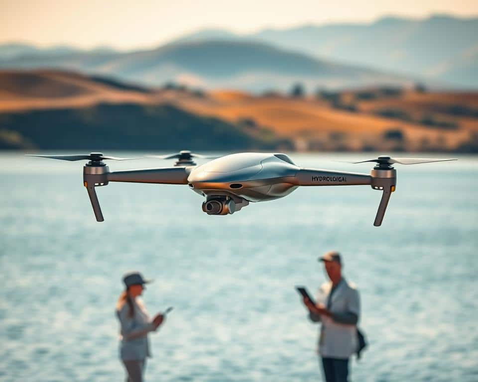 A sleek, futuristic hydrological drone hovers above a serene lake, its advanced sensors and cameras capturing detailed data on the water's depth, flow, and quality. The drone's streamlined body gleams in the warm, diffused light, its propellers whirring silently as it scans the surrounding terrain. In the middle ground, a team of scientists and technicians monitor the drone's progress on handheld devices, their expressions intent as they analyze the real-time information being transmitted. In the background, a panoramic vista of rolling hills and distant mountains provides a picturesque backdrop, highlighting the drone's integration with the natural environment.