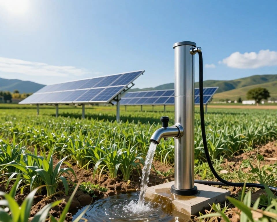 A solar-powered water pump installation in a rural landscape, showcasing a sleek, modern water pump made of stainless steel, glinting under bright sunlight. In the foreground, there are lush green crops flourishing due to the water distribution, with a small, clear water stream flowing from the pump. In the middle ground, vibrant solar panels are angled towards the sun, contrasting with the sky's deep blue. The background features gentle rolling hills and a few scattered trees, completing the serene rural setting. The scene is captured with soft, natural lighting to create a warm, inviting atmosphere, under a clear sky at midday, highlighting the sustainable technology in action. The composition should maintain a high level of detail and sharp focus.