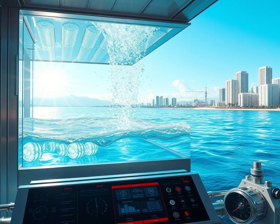 A state-of-the-art deep UV light desalination system, encased in a sleek, metallic housing. Sunlight streams through a series of intricate quartz lenses, focusing intense ultraviolet radiation onto a pool of seawater. Bubbles rise, breaking the salt-water molecular bonds, as the purified liquid is extracted through a series of delicate membranes. The process is efficient and elegant, harnessing the power of the sun to produce clean, fresh water from the most abundant resource on Earth. In the foreground, a control panel with intricate displays and readouts, while in the background, a futuristic urban landscape hints at the widespread adoption of this innovative technology. A state-of-the-art deep UV light desalination system, encased in a sleek, metallic housing. Sunlight streams through a series of intricate quartz lenses, focusing intense ultraviolet radiation onto a pool of seawater. Bubbles rise, breaking the salt-water molecular bonds, as the purified liquid is extracted through a series of delicate membranes. The process is efficient and elegant, harnessing the power of the sun to produce clean, fresh water from the most abundant resource on Earth. In the foreground, a control panel with intricate displays and readouts, while in the background, a futuristic urban landscape hints at the widespread adoption of this innovative technology.