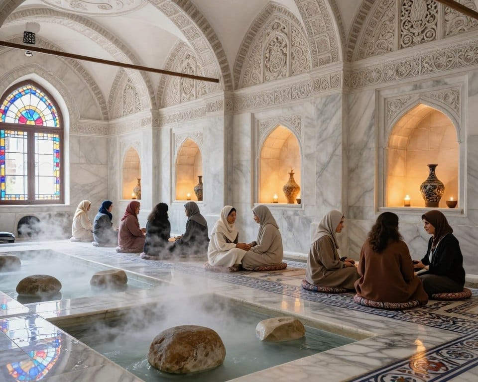 A stunning interior view of a traditional Turkish hammam bathhouse, showcasing intricate marble architecture with ornate carvings and arched ceilings. In the foreground, a calm, serene environment features steam rising gently from heated stones, creating an ethereal atmosphere. A group of women in modest, elegant attire engage in social rituals, enjoying conversation and relaxation while seated on intricately patterned tiles. The middle ground focuses on beautifully illuminated niches with ceramic vessels and candles casting soft, warm light, adding to the tranquil ambiance. The background displays large arched windows with colorful stained glass casting colorful reflections onto the marble floors. Capture this scene in high detail with sharp focus, natural colors, and warm lighting to convey a mood of peace and community in a historic setting.