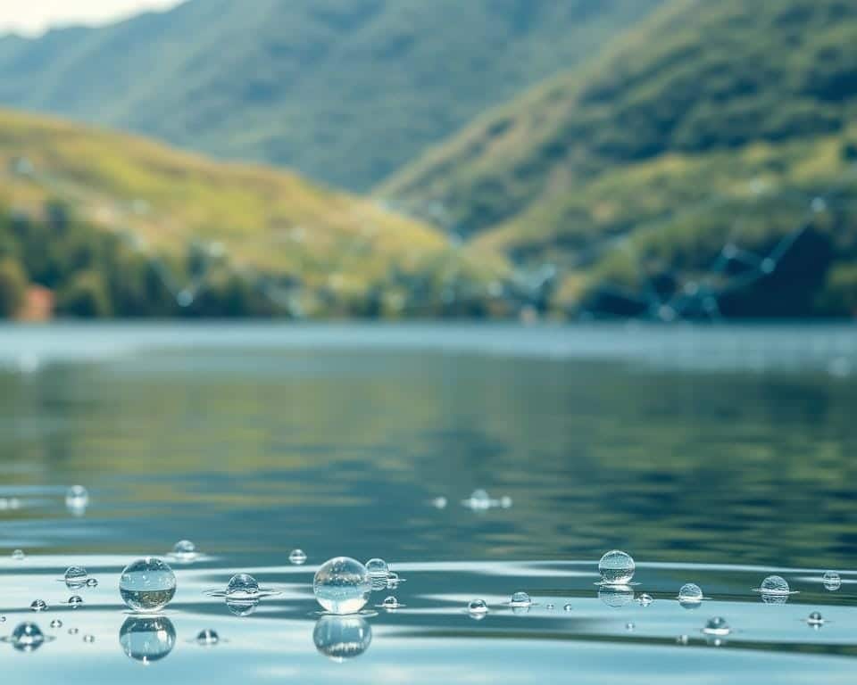 A transparent, flowing blockchain network overlays a serene lake, its digital nodes and connections reflecting on the calm water surface. In the foreground, crystal-clear water droplets illustrate the traceability and transparency of water resource management, enabled by the blockchain's decentralized ledger. The background features lush, verdant hills, symbolizing the sustainable and eco-friendly nature of this water monitoring system. Warm, natural lighting highlights the organic and harmonious integration of technology and nature. Captured with a wide-angle lens to convey a sense of balance and interconnectedness between the digital and physical realms.