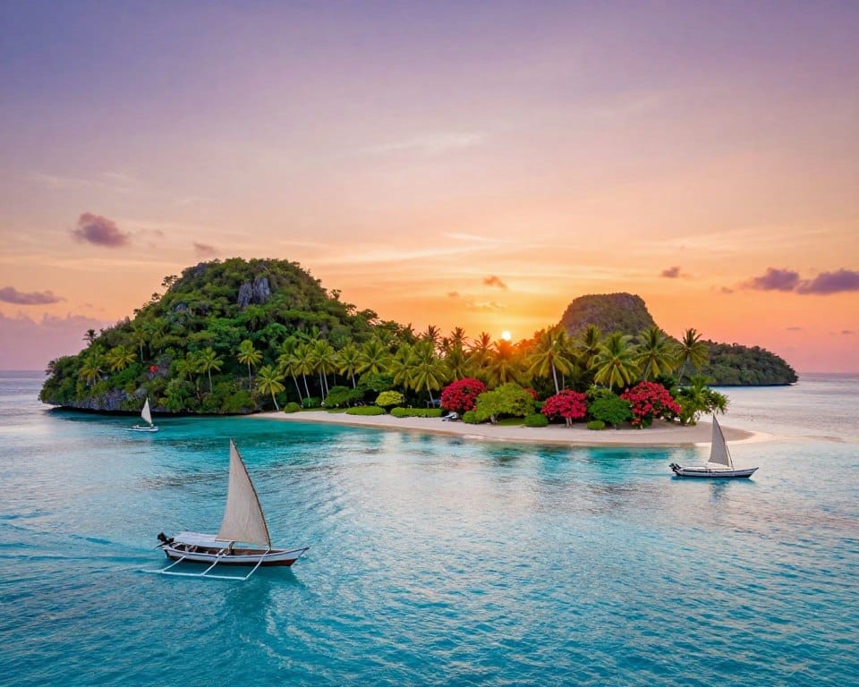 A vibrant tropical archipelago at sunset, showcasing a series of lush green islands with sandy beaches, surrounded by clear turquoise waters. In the foreground, small wooden trading boats with sails, reminiscent of ancient Austronesian seafaring, glide smoothly across the waves. The middle ground features the islands laden with dense palm trees and vibrant hibiscus flowers, creating a lush, inviting atmosphere. In the background, the sun dips below the horizon, painting the sky in hues of orange, pink, and purple, casting a warm glow on the water's surface. Soft waves reflect the colors, adding depth to the scene. The overall mood is serene and adventurous, capturing the essence of ancient maritime routes and cultural exchange. High detail, sharp focus, and natural colors evoke the beauty of these landscapes.