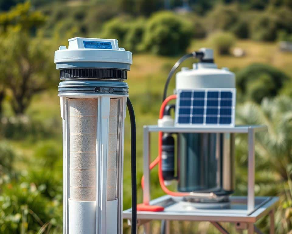 A well-lit, high-detail close-up shot of an off-grid water purification system, showcasing its core components. In the foreground, a transparent water filter housing reveals the inner workings - a series of membrane filters and adsorbent media. In the middle ground, a solar-powered water pump and a UV disinfection unit sit atop a sturdy metal frame. The background features a clean, natural landscape with lush greenery, hinting at the system's off-grid, self-sufficient nature. The image conveys a sense of technical precision, functionality, and environmental harmony.
