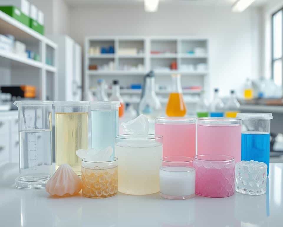 A wide array of hydrogel types displayed in a laboratory setting. In the foreground, different hydrogel samples in transparent containers, showcasing their distinct properties and textures. The middle ground features scientific equipment, such as beakers and pipettes, hinting at the research and testing involved. The background depicts a clean, well-lit workspace with shelves housing various scientific materials. The overall atmosphere conveys a sense of scientific inquiry and exploration of hydrogel technologies for agricultural water storage applications. A wide array of hydrogel types displayed in a laboratory setting. In the foreground, different hydrogel samples in transparent containers, showcasing their distinct properties and textures. The middle ground features scientific equipment, such as beakers and pipettes, hinting at the research and testing involved. The background depicts a clean, well-lit workspace with shelves housing various scientific materials. The overall atmosphere conveys a sense of scientific inquiry and exploration of hydrogel technologies for agricultural water storage applications.