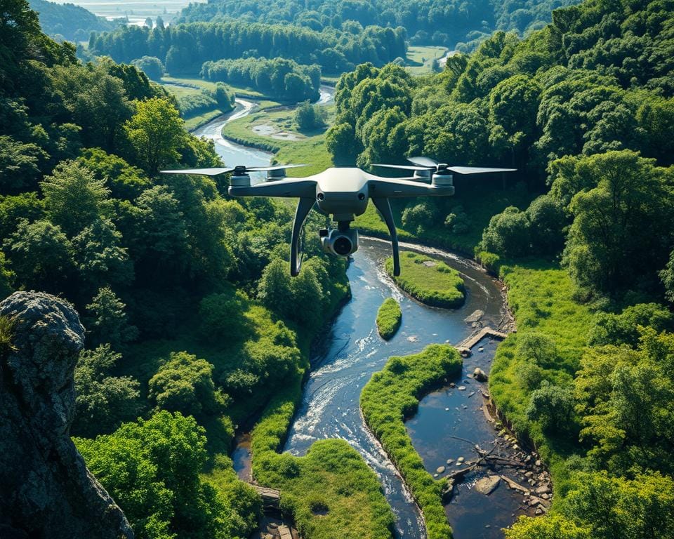 Aerial drone surveying a lush, verdant watershed, capturing intricate details of meandering streams, riparian zones, and aquatic habitats below. Precise geospatial data is gathered, mapping water flow, depth, and vegetation patterns with high-resolution sensors. The drone's camera angles and lighting capture the scene with vivid clarity, revealing the interconnected ecosystem in stunning detail. This comprehensive aerial assessment provides invaluable insights for watershed management and environmental conservation efforts.