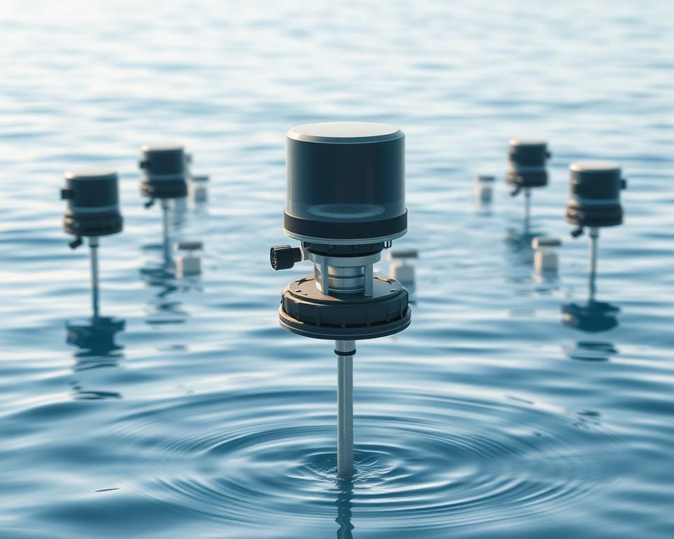 An array of specialized acoustic sensors mounted on rugged waterproof housings, meticulously designed to monitor water quality with precision. In the foreground, a sleek sensor unit equipped with hydrophones and advanced signal processing capabilities, poised to capture the slightest changes in underwater acoustics. The middle ground reveals a network of interconnected sensor nodes, strategically placed to form a comprehensive monitoring system. In the background, a serene aquatic environment, with calming ripples on the water's surface, reflecting the natural beauty that these AI-powered sentinels are tasked to protect. The scene is illuminated by soft, diffused lighting, creating a sense of scientific elegance and environmental harmony.