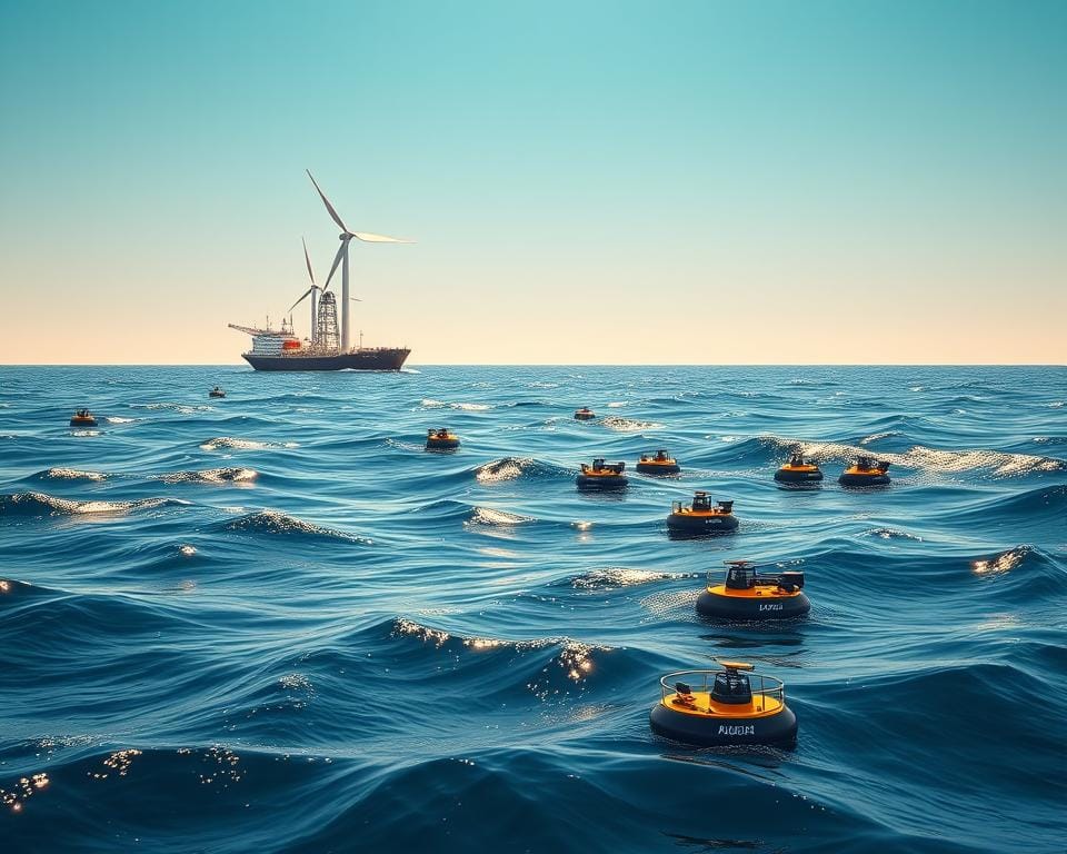 An offshore wind farm monitoring platform situated on the gently rolling waves of the open ocean, its sleek white towers and spinning turbines silhouetted against the clear, azure sky. Nearby, a fleet of autonomous underwater vehicles (AUVs) conduct meticulous seafloor surveys, their onboard sensors capturing high-resolution data on water temperature, pH, and dissolved oxygen levels. The scene is bathed in warm, golden sunlight, casting dramatic shadows and highlights across the scene. The overall atmosphere conveys a sense of advanced, cutting-edge ocean technology in harmony with the natural marine environment.