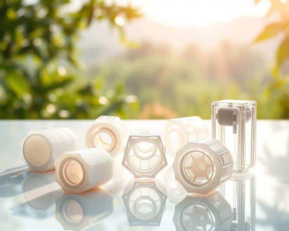 Detailed 3D-printed water filters prototype in a well-lit, natural setting. The foreground features an array of intricate, organic-shaped filter modules arranged on a clean, reflective surface. The middle ground showcases the inner workings and complex flow paths within the filters, visible through transparent casings. In the background, a blurred natural landscape with lush greenery and soft, diffused lighting creates a calming, earthy atmosphere. The image conveys the innovation and potential of additive manufacturing to enable portable, sustainable water purification solutions. Detailed 3D-printed water filters prototype in a well-lit, natural setting. The foreground features an array of intricate, organic-shaped filter modules arranged on a clean, reflective surface. The middle ground showcases the inner workings and complex flow paths within the filters, visible through transparent casings. In the background, a blurred natural landscape with lush greenery and soft, diffused lighting creates a calming, earthy atmosphere. The image conveys the innovation and potential of additive manufacturing to enable portable, sustainable water purification solutions.
