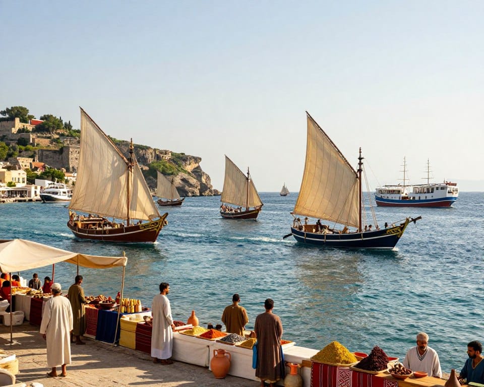Mediterranean ships from ancient civilizations navigating tranquil azure waters, showcasing Minoan galleys, Phoenician merchant vessels, Greek triremes, and Roman cargo ships. In the foreground, a vibrant market scene on the docks with traders, dressed in modest tunics, unloading goods like pottery, textiles, and spices. The middle ground features the ships with billowing sails and intricate decorations, gracefully gliding through the sea under a bright, clear sky. In the background, sunlit coastal cliffs adorned with lush greenery and distant ruins hinting at thriving port cities. The lighting is warm and golden, creating a serene and dynamic atmosphere, captured with a wide-angle lens to emphasize the busy maritime trade and the scenic Mediterranean landscape.