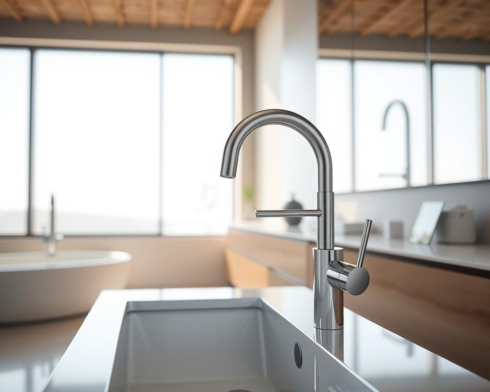 a high-detail, sharply-focused scene of a modern, sleek bathroom interior with natural lighting. in the foreground, a state-of-the-art smart faucet is the focal point, its digital display and elegant design showcasing the advanced water-saving technology. the middle ground features a sink and counter, with additional smart home integration devices visible, such as motion sensors and a water usage monitoring system. in the background, large windows allow natural daylight to flood the space, creating a bright, airy atmosphere that highlights the eco-friendly, energy-efficient nature of the smart home setup. the overall mood is one of sophistication, technology, and environmental consciousness.