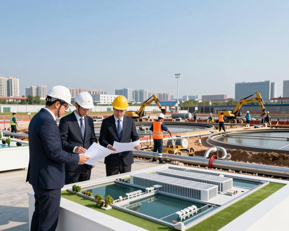 A bustling urban landscape depicting a collaborative public-private partnership on a large water infrastructure project. In the foreground, engineers in professional business attire discuss blueprints and plans while examining a scale model of a modern water treatment facility. The middle ground features construction workers and machinery working on site, with pipes and tanks being installed. In the background, a clear blue sky and a city skyline illustrate the project's integration into the urban environment. Soft but bright sunlight casts natural shadows, enhancing the sharp focus and high detail of the image. The overall mood conveys innovation and progress in sustainable water management.