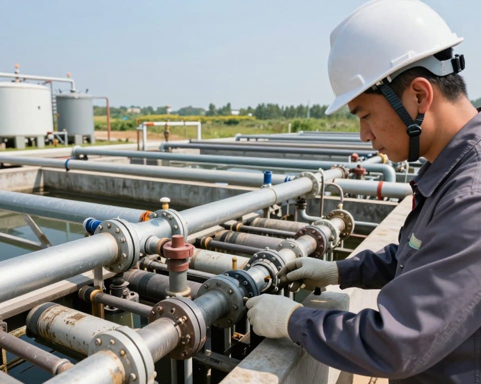 A close-up view of a decentralized wastewater treatment facility, emphasizing the intricate maintenance challenges faced by operators. In the foreground, a technician in a hard hat and work attire inspects complex filtration machinery, demonstrating hands-on problem-solving. The middle ground features a series of aging infrastructures, such as tanks and piping, showing signs of wear and requiring repair. The background illustrates an expansive landscape of natural environment juxtaposed with industrial elements, under a bright blue sky. Soft, natural lighting highlights the textures of the equipment and the technician's focused expression. The overall mood is one of diligence and responsibility, capturing the critical importance of maintaining clean water systems in a professional context, with high detail and sharp focus.