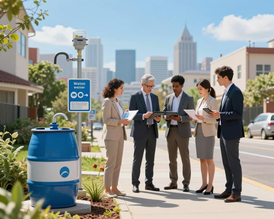 A conceptual illustration of water restrictions and rationing definitions in urban settings, featuring a clear foreground with water-saving devices like rain barrels and drought-resistant plants, depicted in a residential area. In the middle ground, show a diverse group of individuals in professional business attire discussing water conservation initiatives, examining graphs and regulations on tablets. In the background, include a city skyline with visible water meters and signage indicating restricted usage, under a bright blue sky with hints of wispy clouds. The scene should have natural lighting that evokes a sense of urgency and responsibility, capturing the importance of sustainable water management. The overall atmosphere should be informative and engaging, emphasizing the critical nature of water rationing in modern cities.