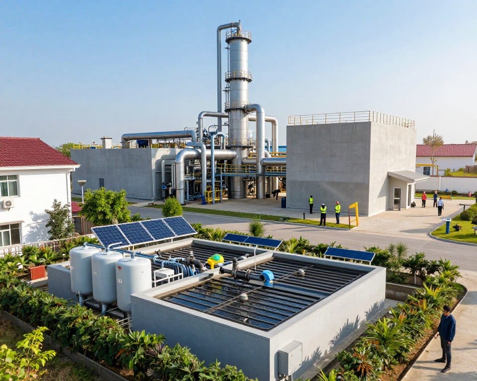 A detailed comparison of decentralized and centralized wastewater treatment systems, illustrated with two contrasting setups. In the foreground, a modern, compact decentralized treatment plant surrounded by greenery and residential areas, showcasing efficient water filtration tanks and solar panels. In the middle ground, a large centralized facility with towering pipes and expansive concrete structures, bustling with activity, highlighted by workers in professional business attire inspecting the systems. The background features a clear blue sky with soft, natural sunlight casting gentle shadows on both plants. The atmosphere is one of innovation and collaboration, with sharp focus on the intricate details of the infrastructure, capturing the essence of modern wastewater management solutions.
