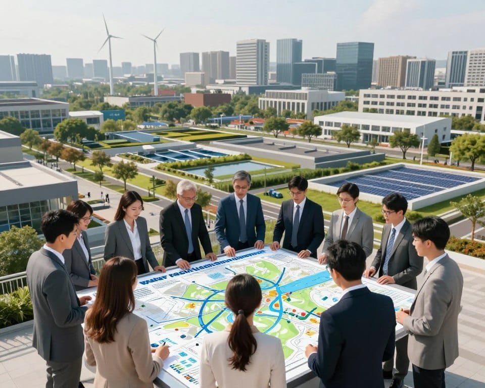 A detailed conceptual illustration of a "water resilience planning framework" displayed in an urban setting. In the foreground, a diverse team of professionals in smart business attire collaborates around a large, interactive digital map showcasing water systems infrastructure, climate data, and renewable energy sources. The middle ground features a vibrant urban landscape with green roofs, rainwater harvesting systems, and permeable pavements, all under soft, natural daylight. The background includes a skyline with modern buildings and wind turbines. The scene conveys a sense of innovative teamwork and proactive planning, with a calm and optimistic atmosphere. Utilize sharp focus on the team and map, with subtle depth of field to enhance the urban backdrop.