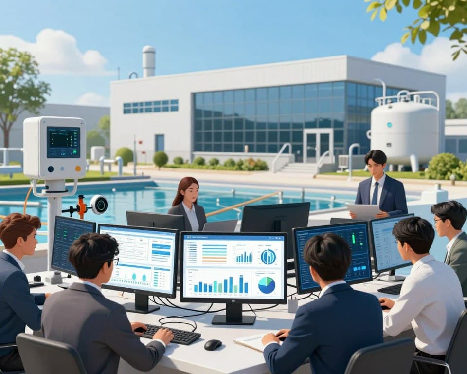 A detailed digital illustration depicting data analytics for water utilities. In the foreground, a diverse team of professionals in business attire collaborates over large digital screens displaying colorful data visualizations, charts, and graphs related to water quality and usage statistics. In the middle ground, sophisticated analytical tools like sensors and monitoring devices can be seen collecting data from pipes and tanks. The background features a modern water treatment facility with clear blue skies and greenery, symbolizing a sustainable environment. The lighting is bright and natural, highlighting the technology and the team's engagement in decision-making. The atmosphere conveys innovation and teamwork in a high-tech setting, focusing on the importance of analytics in managing water resources effectively.