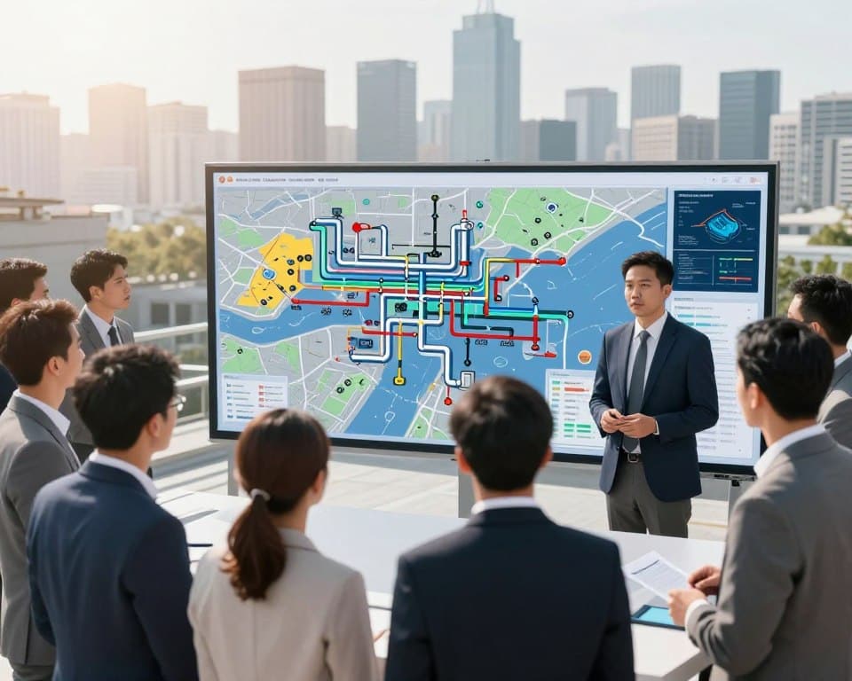 A detailed, high-tech urban water systems risk assessment scene. In the foreground, a diverse group of professionals in business attire are engaged in a discussion around a large digital map displaying various risk factors affecting water supply networks, with highlighted areas indicating vulnerabilities. In the middle ground, an intricate visual of water pipes, flow diagrams, and sensor data graphs integrate with the map, symbolizing the complex nature of urban water management. In the background, a city skyline is visible, shrouded in soft sunlight, conveying a sense of urgency and determination. The lighting is bright and natural, emphasizing the sharp focus on the professionals' expressions and the intricate details of the maps. The atmosphere is collaborative and proactive, underscoring the importance of resilience in urban water supply planning.