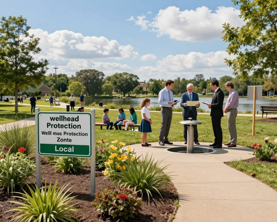 A detailed landscape showcasing a local wellhead protection zoning area. In the foreground, depict a clear, delineated boundary with signage indicating wellhead protection zones. Include various native plants and a small, maintained walking path leading to a wellhead structure. The middle ground features a community park with families enjoying the outdoors, with people dressed in professional attire discussing zoning plans, utilizing clipboards and maps. The background should include a serene water body, surrounded by trees, with a bright blue sky and soft, fluffy clouds. Use natural colors for realism and apply a slight warm lighting effect to evoke a sense of community and cooperation focused on environmental preservation. Capture the scene from a slightly elevated angle to provide a comprehensive view of the zoning strategies in action.