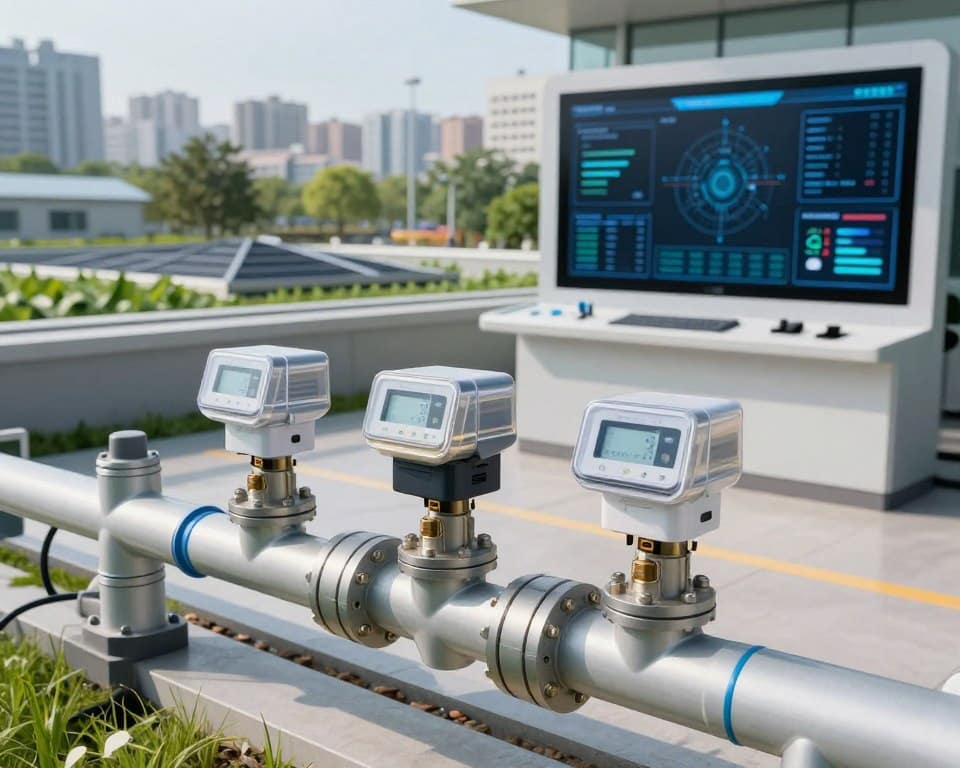 A detailed view of modern water rationing infrastructure, featuring sleek, high-tech water distribution systems in an urban setting. In the foreground, focus on smart meters and automated valves connected to a network of pipes, showcasing their intricate designs and digital interfaces. The middle ground displays a modern control center, with large screens depicting real-time water usage data and efficiency analytics. The background reveals a cityscape dotted with green rooftops and rainwater harvesting systems, integrating nature with technology. Soft, natural lighting illuminates the scene, creating a sense of innovation and sustainability. The atmosphere is proactive and insightful, reflecting a city prioritizing responsible water management. High detail and sharp focus, with natural colors for a realistic portrayal.