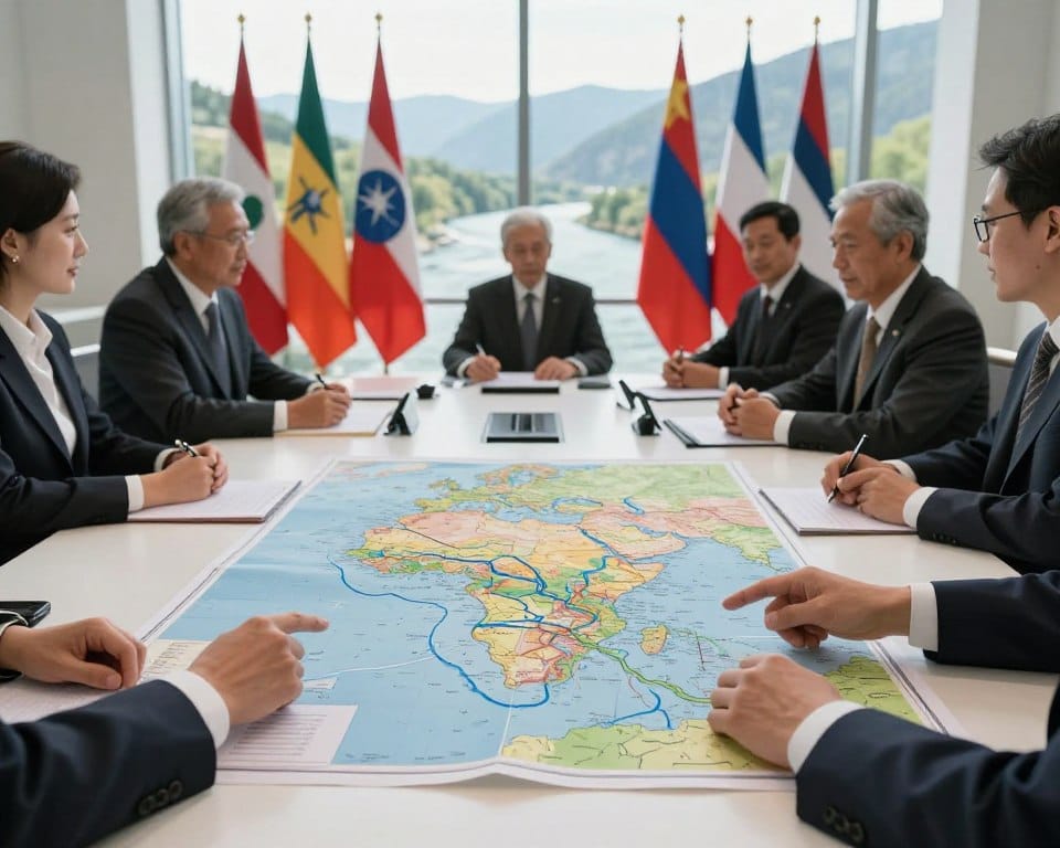 A dynamic scene capturing the essence of transboundary water agreements, featuring a detailed illustration of a modern conference table surrounded by diplomats in professional business attire, discussing a large, informative map showcasing international river systems and water resources. In the foreground, a close-up of hands pointing at the map, emphasizing collaboration and negotiation over shared water bodies. The middle ground includes flags from various countries positioned strategically around the table, symbolizing cooperation. The background features a large window with a view of a flowing river and mountainous landscape, under natural daylight that casts a warm glow. The atmosphere reflects a serious yet optimistic mood, highlighting the importance of collaboration and sustainability. High detail, sharp focus, natural colors.