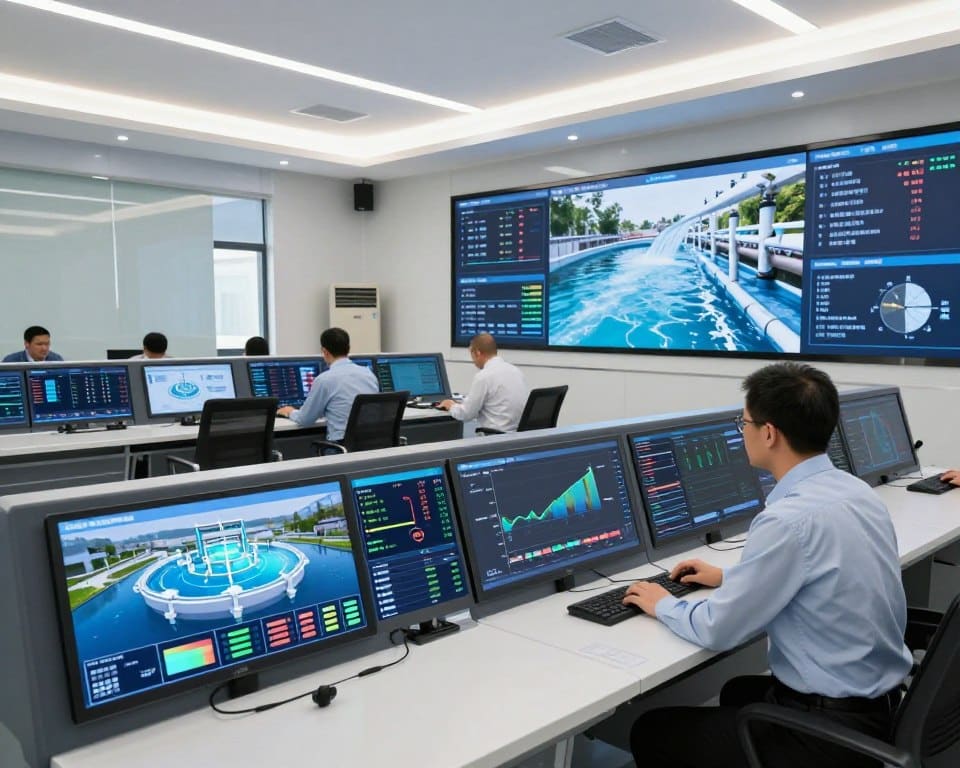 A high-tech water management control room showcasing operational efficiency in water systems. In the foreground, a sleek digital dashboard displays real-time analytics and monitoring of water infrastructure, with colorful graphs and data overlaid. The middle ground features an engineer in professional business attire interacting with touchscreens, engaged in monitoring operations with a focused expression. The background depicts large digital screens on the walls, displaying flowing water through pipelines and treatment metrics. The room is brightly lit with soft overhead lighting, creating a clean and futuristic atmosphere. Use a wide-angle lens to capture the entire space, enhancing the sense of depth and modernity. The color palette should consist of natural tones, emphasizing professionalism and innovation.