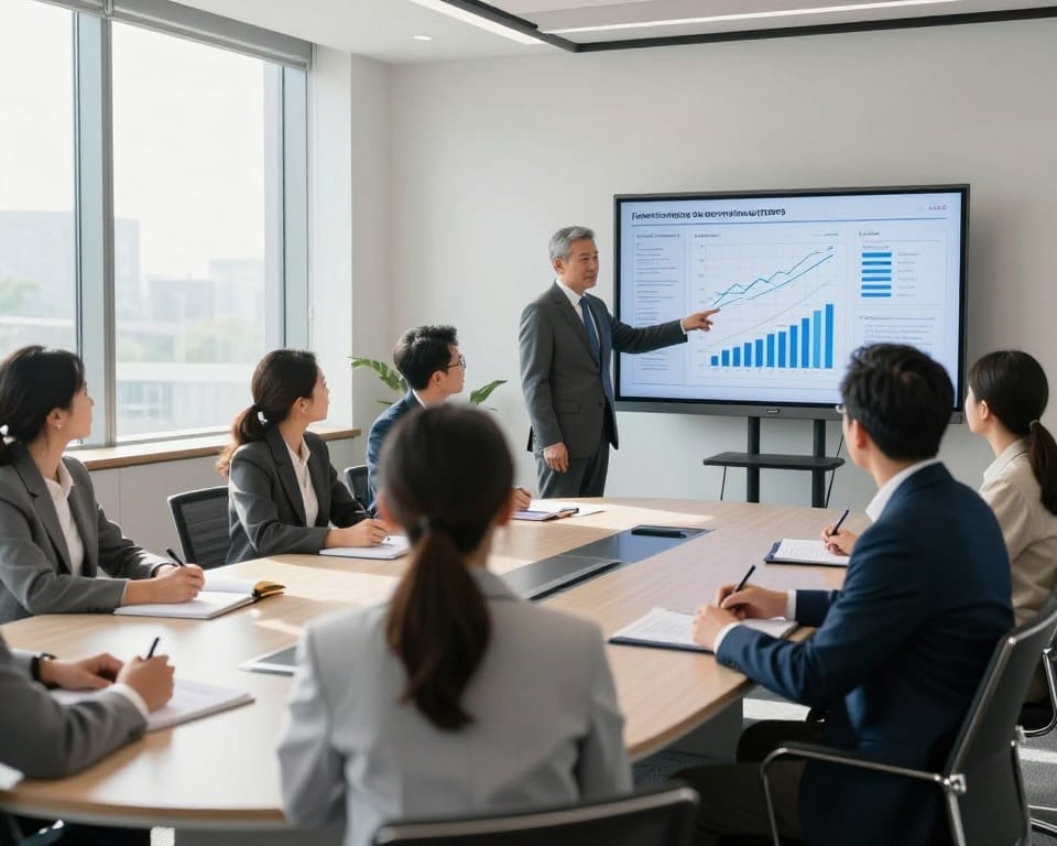 A large, contemporary office conference room featuring a diverse group of professionals gathered around a sleek, oval table. In the foreground, a middle-aged man in a tailored suit points to a digital presentation on a large screen displaying blueprints and financial graphs related to federal funding for water infrastructure. In the middle ground, a woman in business casual attire takes notes, while another individual reviews documents. In the background, large windows allow natural light to flood the room, casting soft shadows and creating an inviting atmosphere. The setting conveys collaboration and strategic planning, emphasizing the importance of federal funding and state revolving funds (SRFs) in infrastructural development. Capture this scene with high detail, sharp focus, and natural colors, showcasing the professional ambiance of the meeting.