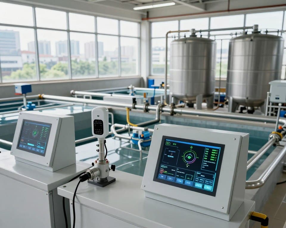 A modern digital water monitoring system depicted in a well-organized urban water treatment facility. In the foreground, display sleek, high-tech sensors and control panels with glowing displays, showcasing real-time data metrics. The middle ground should feature large water tanks and pipes connected to the system, illuminated by soft, natural light filtering through large windows. In the background, a city skyline subtly hinted at through panoramic windows emphasizes the context of infrastructure. Use a high angle perspective to capture the system's complexity and functionality. The atmosphere should feel innovative and efficient, with natural colors highlighting the cleanliness and professionalism of the setting. The image should be sharp in focus, allowing technical details to stand out while maintaining a cohesive aesthetic.