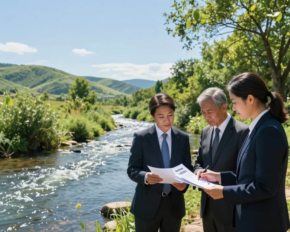 A serene and harmonious landscape depicting a clean, flowing river surrounded by lush green vegetation to symbolize water protection. In the foreground, a diverse group of three professional individuals dressed in formal business attire is examining legal documents, representing the importance of federal water protection statutes. The middle ground features a clear blue sky and gently rolling hills, emphasizing the connection to the environment. In the background, soft sunlight filters through the trees, casting natural light over the scene and enhancing the atmosphere of optimism and responsibility towards groundwater protection. The overall mood should be one of dedication and proactive stewardship, with high detail and sharp focus on the people and the surrounding nature.