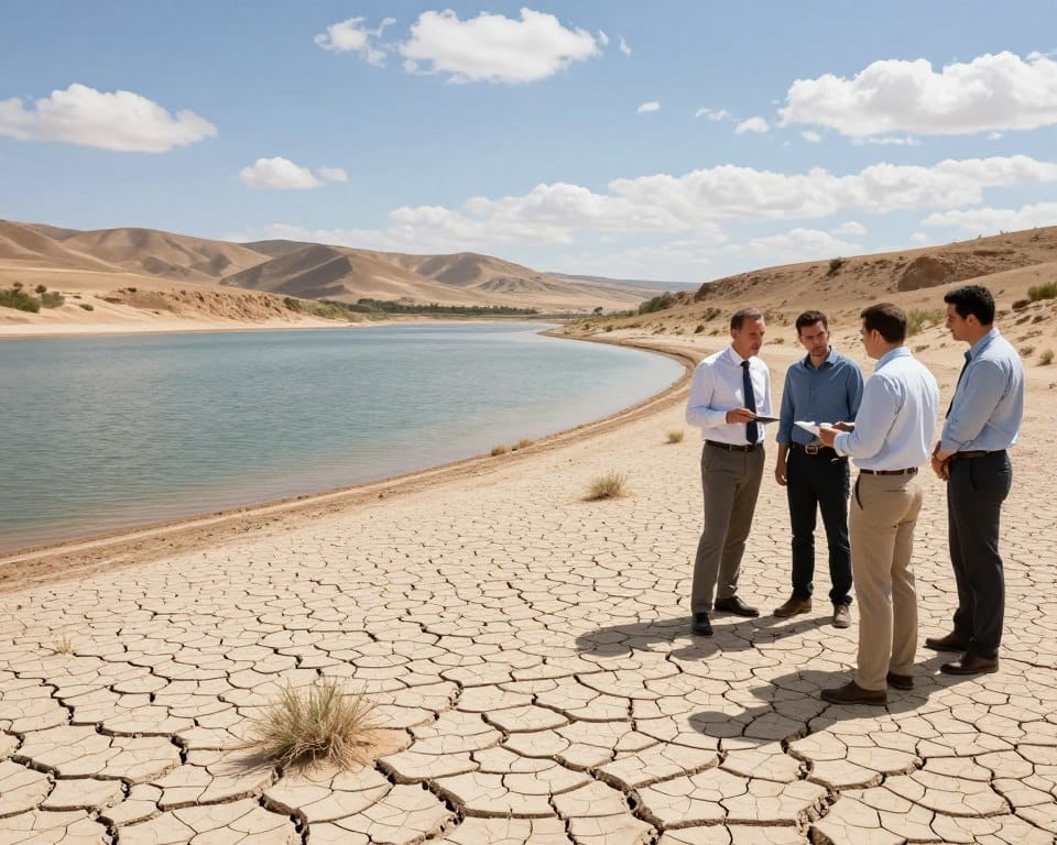 A striking desert landscape illustrating the impacts of drought on treaty compliance regarding water sharing. In the foreground, a cracked earth surface with sparse vegetation, symbolizing extreme water shortages. To one side, a group of three professionals in modest business attire, examining a drought-affected water reservoir, displaying concern and purposeful discussion. In the middle ground, a dry riverbed leads towards a distant horizon, emphasizing the vastness of the arid landscape. The background shows parched hills under a bright blue sky with sparse clouds, encapsulating a sense of urgency and tension. The scene is lit with natural sunlight creating sharp shadows, enhancing the stark contrasts of the environment. The overall mood is serious and contemplative, reflecting the challenges of managing water resources amidst drought.