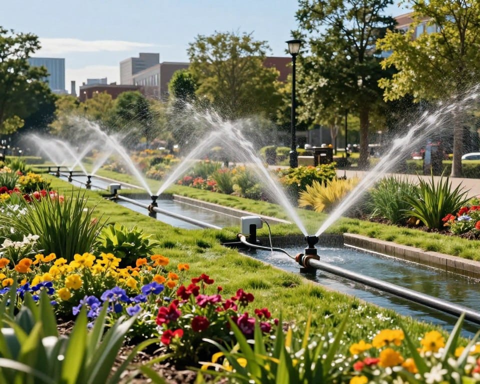 A vibrant landscape irrigation system in a city park, showcasing a network of advanced irrigation pipes, sprinklers, and rain gardens designed for stormwater capture and graywater reuse. In the foreground, lush greenery and colorful flower beds thrive, nourished by the sustainable system. The middle ground features sleek irrigation equipment, such as drip lines and moisture sensors, surrounded by native plants that thrive in a water-efficient manner. The background reveals a blend of urban structures and trees under a clear blue sky, accentuated by soft, warm sunlight casting gentle shadows. The scene conveys a sense of harmony between nature and technology, emphasizing innovative approaches to water conservation in urban landscapes. The image is captured with a wide-angle lens, ensuring sharp focus and natural color vibrancy. A vibrant landscape irrigation system in a city park, showcasing a network of advanced irrigation pipes, sprinklers, and rain gardens designed for stormwater capture and graywater reuse. In the foreground, lush greenery and colorful flower beds thrive, nourished by the sustainable system. The middle ground features sleek irrigation equipment, such as drip lines and moisture sensors, surrounded by native plants that thrive in a water-efficient manner. The background reveals a blend of urban structures and trees under a clear blue sky, accentuated by soft, warm sunlight casting gentle shadows. The scene conveys a sense of harmony between nature and technology, emphasizing innovative approaches to water conservation in urban landscapes. The image is captured with a wide-angle lens, ensuring sharp focus and natural color vibrancy.